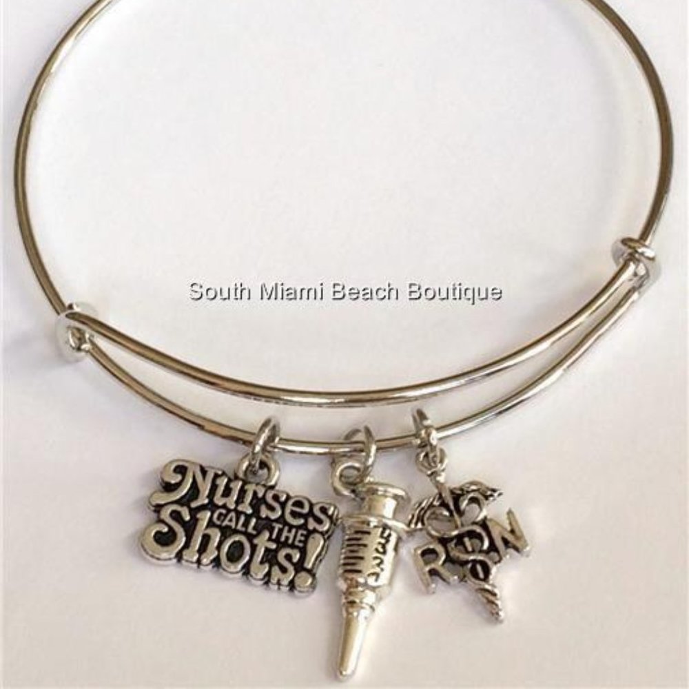 Nursing RN Caduceus Charm Bracelet Syringe Cute Graduation Gift Silver Plated
